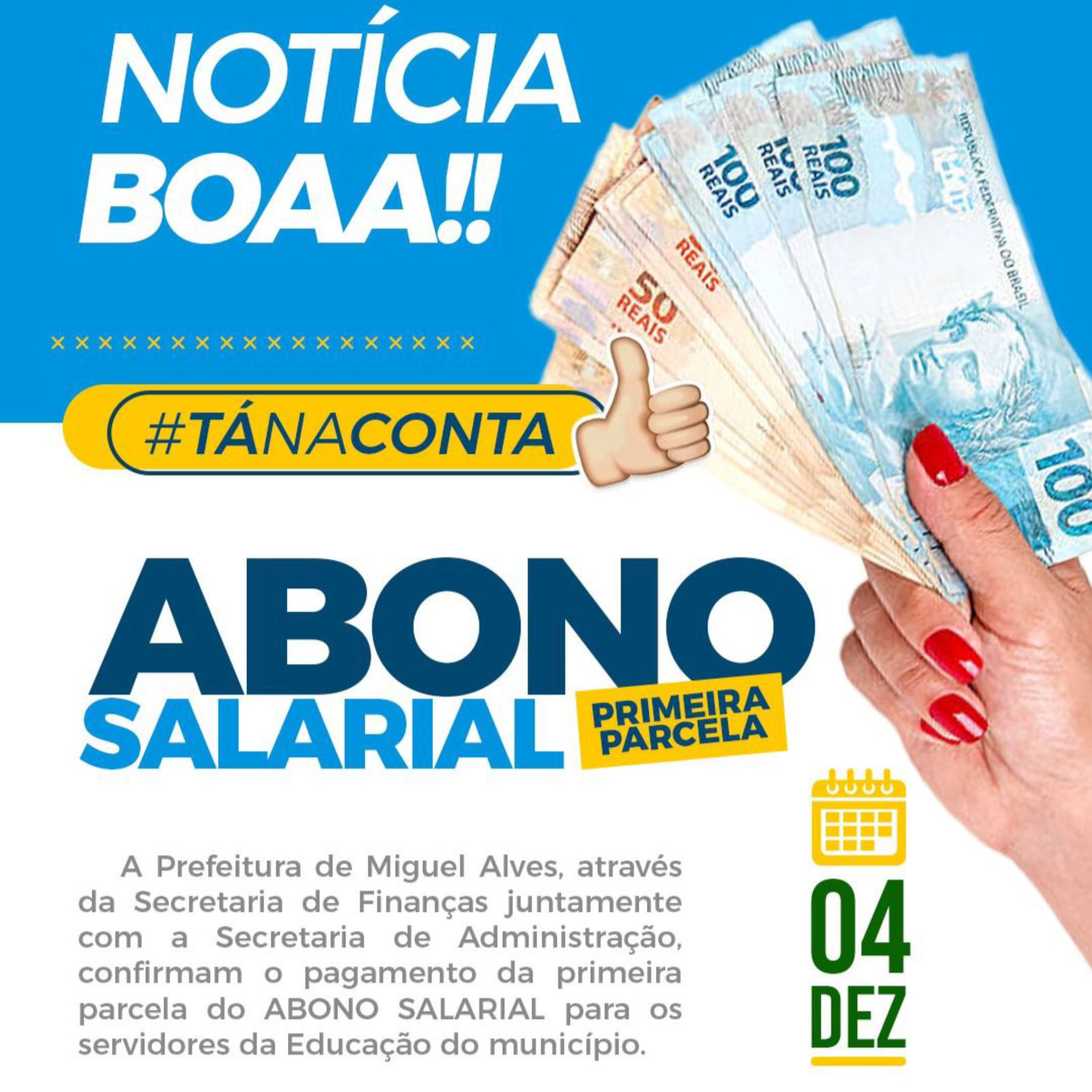 PREFEITURA DE MIGUEL ALVES ANUNCIA PAGAMENTO DA PRIMEIRA PARCELA DO ABONO SALARIAL PARA SERVIDORES DA EDUCAÇÃO